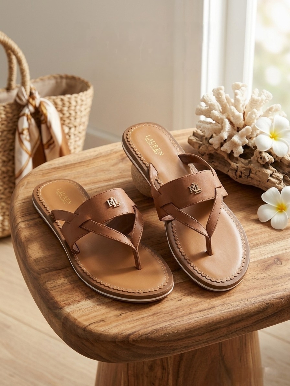 Lauren Ralph Lauren Women's Rosalind Tan Thong Sandals Size 10 - Picture 1 of 8